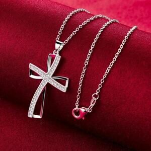 925 Sterling Silver Necklace w/ CZ Womans Layered Cross Pendant Vtg 90s Y2K Gift